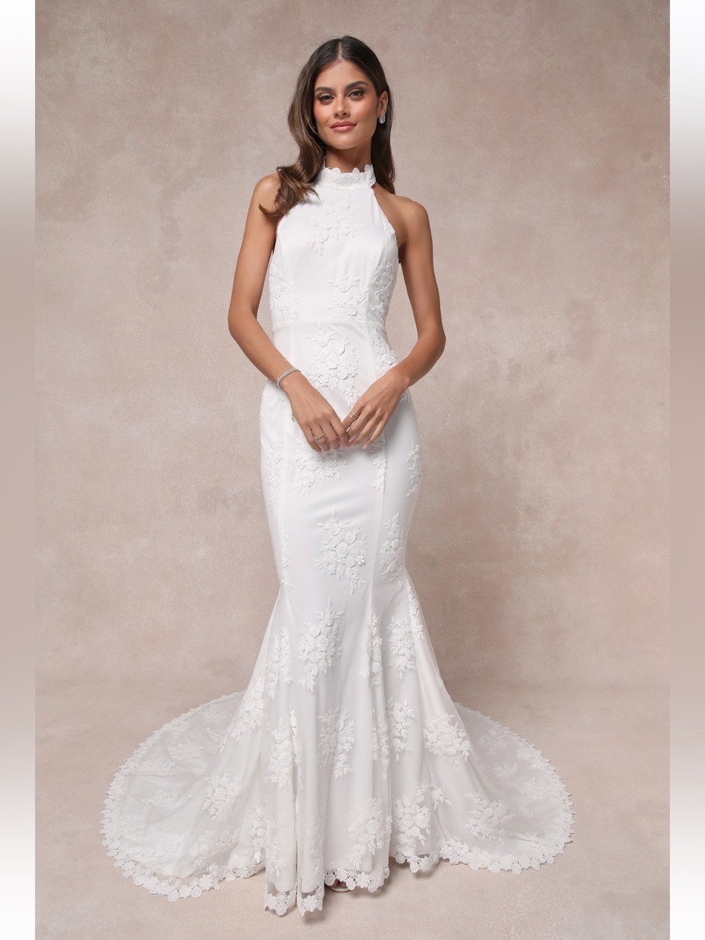 Lulu's White High-Neck Lace Mermaid Bridal Gown